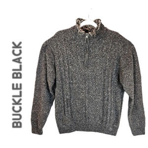 Buckle Black Mens Pull Over Faux Fur With Zip Textured Speckles Sweater Sz XL